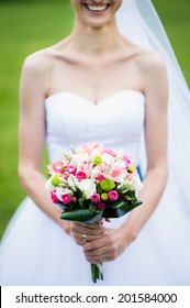 Smile Bride Holding Flowers Bouquet