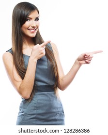 Smile Business woman show fingers . Long hair model isolated .