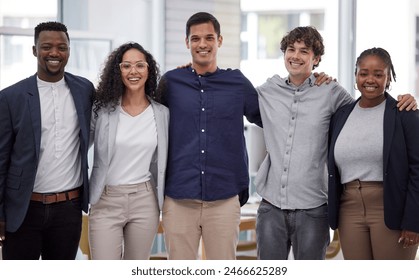 Smile, collaboration and portrait of business people in office for team building, diversity and bonding. Happy, startup and group of professional creative designers embracing together in workplace. - Powered by Shutterstock