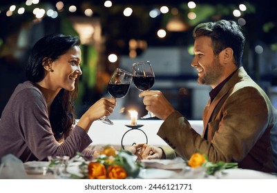 Smile, couple and cheers with wine at restaurant for date, love or holding hands together. Happy man, woman and toast with drink in glass for celebration, anniversary or romance with bokeh at night - Powered by Shutterstock