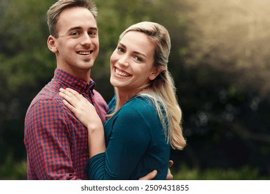 Smile, couple and portrait outdoor on date, vacation or bonding together on holiday to relax. Happy man, woman and hug in nature for love, romantic commitment and support of partner in New York - Powered by Shutterstock