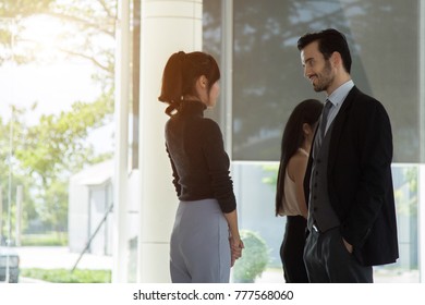 Smile Couple Of Young People At A Business Meeting Bussiness Training Concept, Working Together Discussing.
