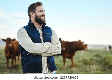 Smile, cow and agriculture with man on farm for sustainability, production or thinking industry growth. Agro, arms crossed or management of farmer on countryside field for dairy, animals for nature