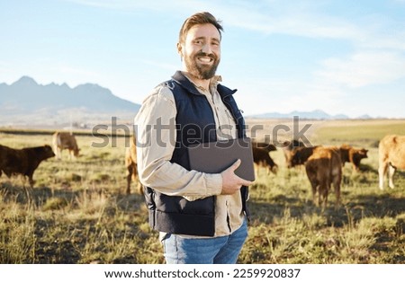 Smile, cow and agriculture with man portrait on farm for sustainability, production or thinking industry growth. Agro, tablet or happy farmer on countryside field on tech for dairy, animals or nature