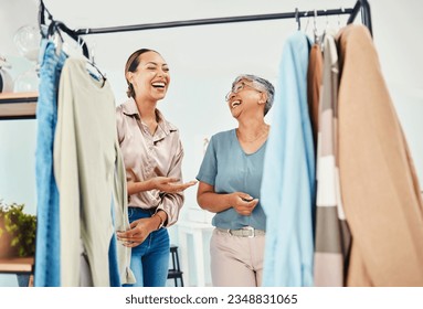 Smile, customer and employee with fashion, sales and funny with clothes, service and conversation. Women, people and client with shop assistant, retail and product with luxury, shopping and discount - Powered by Shutterstock