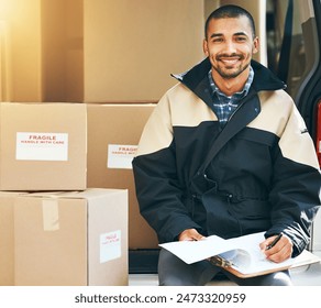 Smile, delivery man and clipboard in portrait with cardboard boxes for supply chain and shipping logistics. Happy, male courier and paperwork for stock distribution or mail transport of fragile cargo - Powered by Shutterstock