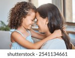 Smile, embrace and mom on sofa with child for morning bonding, gratitude and support in fun family home. Love, mother and daughter on couch with happy hug, care and connection in living room together