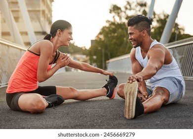 Smile, exercise and couple stretch on bridge for health, wellness or warmup for run. Man, woman and training on road for cardio, preparation and fitness together in city for marathon, jog or sprint - Powered by Shutterstock