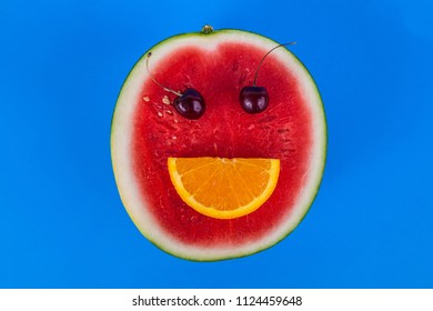 Smile Face Made With Fruit Watermelon Cherries And Orange Slice Summertime Fruits Happy Fruit