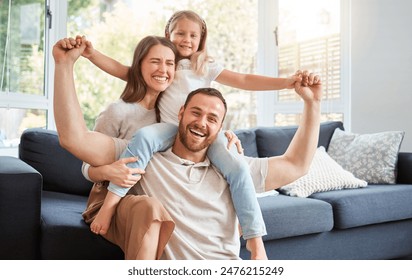 Smile, family and portrait on shoulder by sofa for weekend fun, happiness and bonding together. Playful, mom and dad with daughter in living room for support, care and love at home on fathers day - Powered by Shutterstock