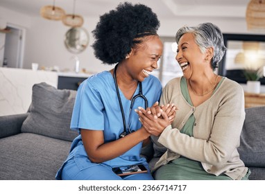 Smile, funny and assisted living caregiver with an old woman in her home during retirement together. Healthcare, support and a happy nurse or volunteer laughing with a senior patient on the sofa - Powered by Shutterstock