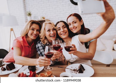 Smile Girl Selfie With Friends. Cake And Wine. Happy Day 8 March. Lady Drinking Wine. Lady And Springtime. Sweet Cake And Wine. People Celebrate 8 March. Wine For Women. Happiness And Smile 8 March.