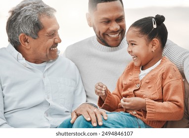 Smile, grandparent and father with child outdoor for travel, family bonding or laughing together of funny joke. Happy, senior man and dad with girl relax for love, care or support on carefree morning - Powered by Shutterstock