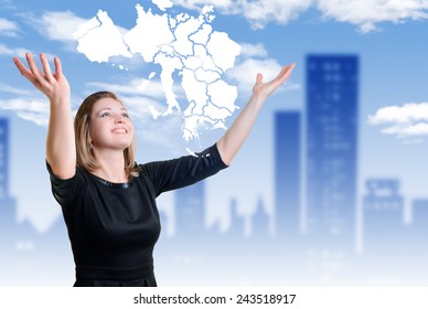 Smile And Hands Of A Young Woman Raised Up Looking At Map