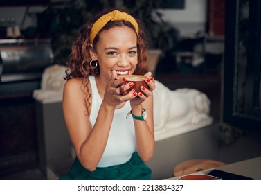 Smile, happy and coffee shop young woman enjoying a cup of tea in a restaurant or cafe on her lunch break. Portrait of happy customer drinking her morning caffeine or cappuccino with happiness - Powered by Shutterstock