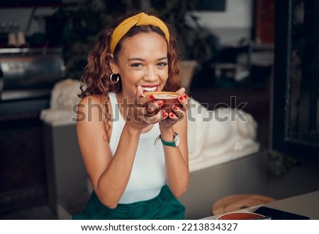 Smile, happy and coffee shop young woman enjoying a cup of tea in a restaurant or cafe on her lunch break. Portrait of happy customer drinking her morning caffeine or cappuccino with happiness