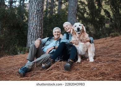 Smile, hiking and old couple with dog sitting on forest floor in Australia on retirement holiday adventure. Travel, senior man and woman relax together on nature walk with love, Labrador and health. - Powered by Shutterstock