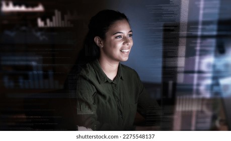 Smile, hologram screen and woman on computer in office for finance analysis, fintech and online data at night. Technology overlay, happy and female worker on pc for research, networking and analytics - Powered by Shutterstock