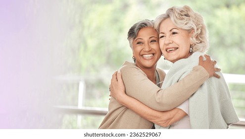 Smile, hug and old woman friends on space together for a visit during retirement in a senior home. Love, funny and happy elderly people embracing for support, unity or solidarity while bonding - Powered by Shutterstock