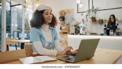 Smile, laptop and woman in cafe for freelance design job, online research and digital networking. Notes, computer and creative girl in coffee shop for remote work, planning and typing web article