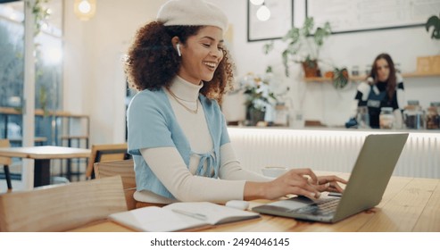 Smile, laptop and woman in coffee shop for freelance design job, online research and digital networking. Notes, computer and creative girl in cafe for remote work, planning and typing web article