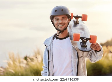 Smile, longboard and portrait of man with skateboarding hobby, skill and balance on road. Freedom, urban fun and face of happy gen z skateboarder, cool guy holding skateboard with happiness and sport
