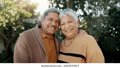 Smile, love and face of senior couple in garden hugging for bonding, romance or date in nature. Happy, portrait and elderly woman and man in retirement from Mexico standing in outdoor garden together - Powered by Shutterstock