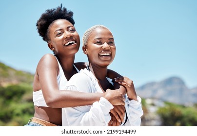 Smile, Love And Gay Or Lesbian With Black Couple Women Bonding At Beach Or Sea In Summer. Freedom, Happy And LGBT Portrait Of Fun Friends Or Girlfriend On Holiday, Vacation Or Honeymoon By The Coast