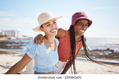 Smile, Love And Gay Or Lesbian With Black Couple Women Bonding At Beach Or Sea In Summer. Freedom, Happy And LGBT Portrait Of Fun Friends Or Girlfriend On Holiday, Vacation Or Honeymoon By The Coast