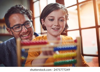 Smile, man and kid with abacus for homeschool, learning and lesson in living room. Help, dad and daughter at home for teaching, support and knowledge with tools for numbers, education and count - Powered by Shutterstock