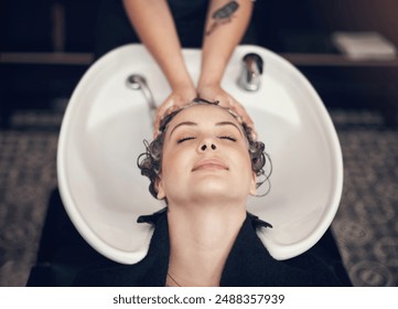 Smile, massage and hairdresser with customer in salon, relax and basin for wash and treatment. Hands, scalp and hairstyle or dye for happy client person, keratin and shampoo for hair care above - Powered by Shutterstock