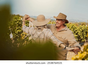 Smile, mature couple and dance in countryside for vineyard, travel and holiday for happiness. Senior people outdoor, adventure and bonding for retirement together with vacation, tour and sightseeing - Powered by Shutterstock