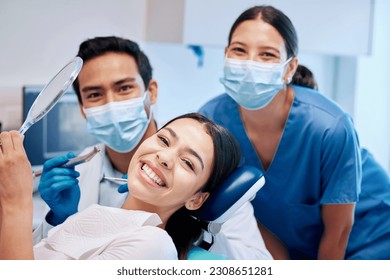 Smile, mirror and portrait of woman with dentist after teeth whitening, service and dental care. Healthcare, dentistry and female patient with orthodontist for oral hygiene, wellness and cleaning - Powered by Shutterstock