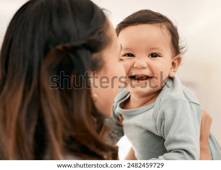 Smile, mother and portrait of baby laughing, playing and family bonding in home together. Mom, funny and face of cute infant child with care, connection and love for adorable kid with happy parent