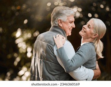 Smile, nature and senior couple dance, have fun and enjoy quality time together in woods, forest or romantic park date. Marriage, energy and elderly people care, support or bonding during retirement - Powered by Shutterstock