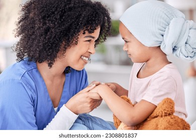 Smile, nurse and child on bed in hospital for children, health and medicine, support and trust in cancer treatment. Paediatrics, healthcare and kid, nursing caregiver holding hands with young patient - Powered by Shutterstock