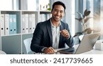 Smile, office laptop and business man, bank agent or admin employee with career smile, job experience or pride. Happiness, administration portrait and professional person working on online research