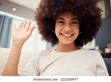 Smile On Face, Wave And Video Call, Black Woman With , Happy And Sitting On Sofa In Living Room. Relax At Home, Chat Online And Connect Woman On Internet Networking And Communication On Videocall