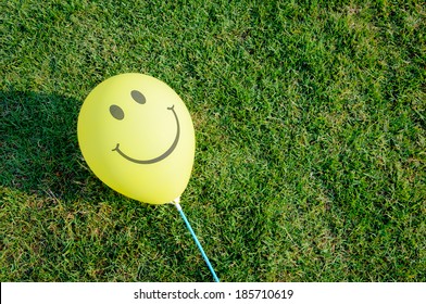 Smile On Yellow Balloon On Green Grass, Free Space For Text