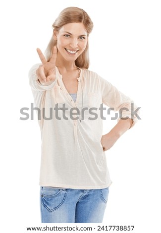 Smile, peace sign and portrait of woman in studio isolated on a white background. Happy, fingers and v hand gesture, emoji and young model with symbol for victory, success and winning on social media