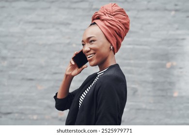 Smile, phone call and black woman with brick wall, chat and confidence in urban business communication. Happy, designer or African businesswoman with smartphone, conversation and outdoor connection - Powered by Shutterstock