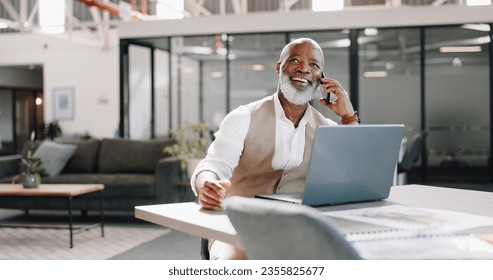 Smile, phone call or happy senior businessman in office for networking, good news or deal negotiation. Black man, laptop or mature CEO on mobile communication for target, discussion or sales mission - Powered by Shutterstock