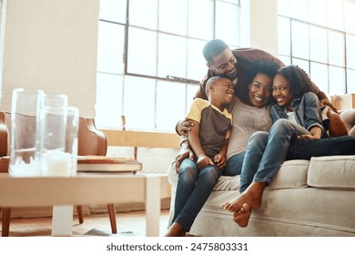 Smile, portrait and black family on sofa in home for hugging, love and care on fathers day for celebration. Happy, bonding and African kids with mom and day relaxing together in living room at house. - Powered by Shutterstock