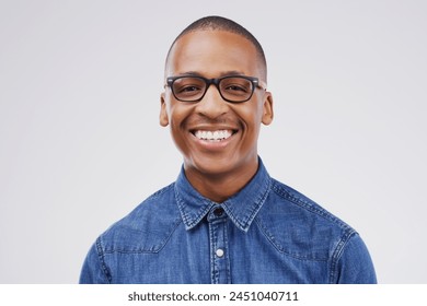 Smile, portrait and black man in studio for creative career at media company, magazine and newspaper isolated on white background. Mockup, face and young graduate happy for internship in writing job - Powered by Shutterstock