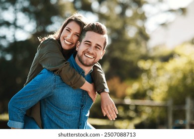 Smile, portrait couple and piggyback outdoor for summer holiday, marriage support or anniversary date. Happy, man and woman playful embrace of vacation travel, love together and bonding in nature - Powered by Shutterstock