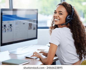 Smile, portrait and happy woman in call center with computer screen, headset and lead generation in office. Telemarketing, virtual assistant or customer service agent on website for online support - Powered by Shutterstock