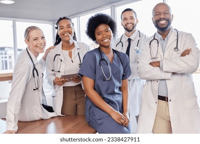 Smile, portrait and hospital doctors, people or surgeon team for healthcare, help services or medical collaboration. Medicine health professional, clinic group solidarity or staff nurses for medicare - Powered by Shutterstock