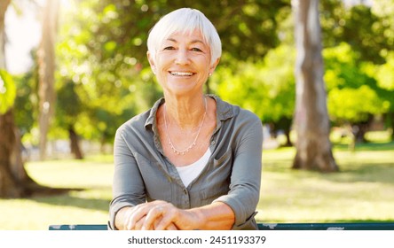 Smile, portrait and senior woman outdoor in park, garden and nature for wellness and relax on bench in summer. Happy, pension or mature lady in retirement for peace by trees, sunshine and environment - Powered by Shutterstock