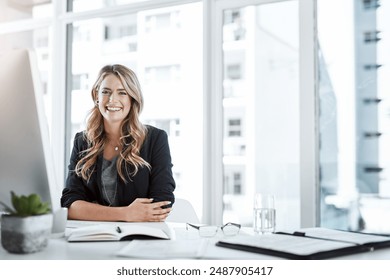 Smile, portrait and woman in office, computer and happy with research, online and journalist on desk. Company, digital and reporter with notebook for editing of story for blog, news and writing - Powered by Shutterstock