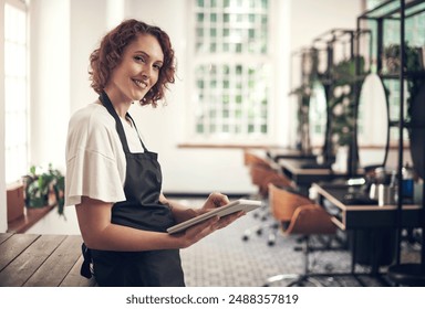 Smile, portrait and woman with tablet at hair salon for appointment, information and client records. Small business, stylist and person with tech at spa for online, schedule or beauty tips on website - Powered by Shutterstock